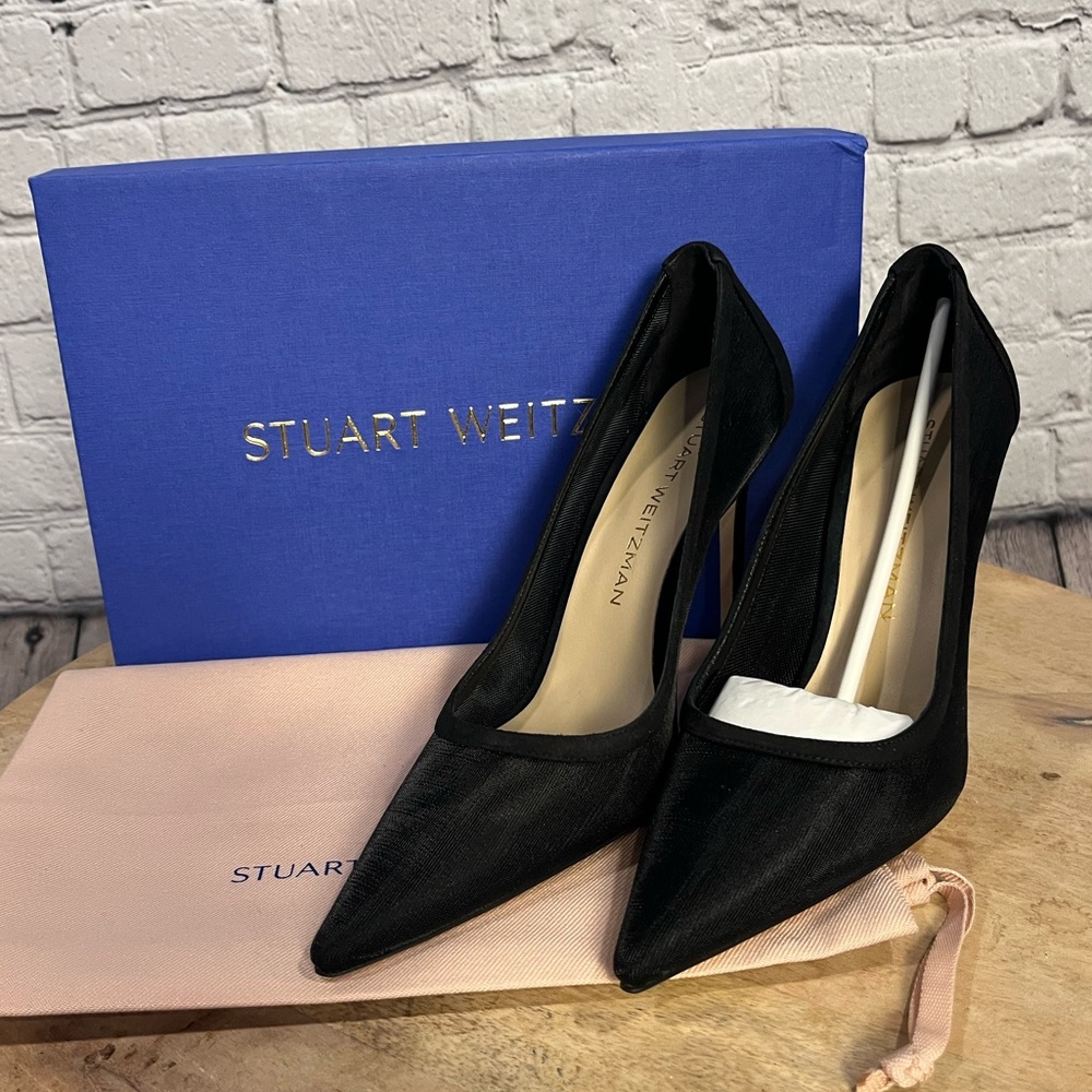 Stuart Weitzman Black Pointed Toe Mesh Stiletto Pumps - Picture 4 of 12